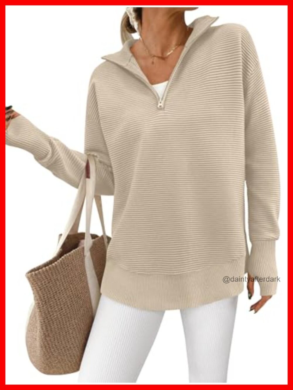 Ribbed Knit Quarter Zip Pullover Sweater Long Sleeve V-Neck Loose Fit